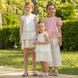 Dr. Kid-بلوزة قطن مطرز لون زهري وعاجي للبنات | Childrensalon Outlet