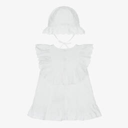 Dr. Kid-Girls White Cotton Dress & Hat Set | Childrensalon Outlet