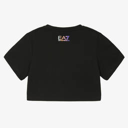 EA7 Emporio Armani-Girls Black Cotton Cropped T-Shirt | Childrensalon Outlet