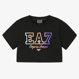EA7 Emporio Armani-Girls Black Cotton Cropped T-Shirt | Childrensalon Outlet