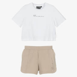 EA7 Emporio Armani-Элегантный белый и бежевый комплект шорт для девочек | Childrensalon Outlet