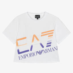 EA7 Emporio Armani-Teen Girls Cropped White Cotton T-Shirt | Childrensalon Outlet