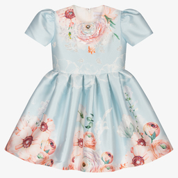 EIRENE-Girls Blue Floral Satin Dress | Childrensalon Outlet