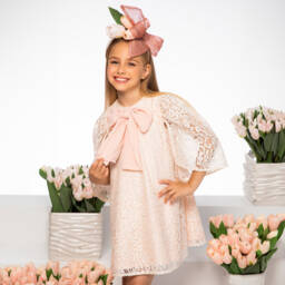 EIRENE-Girls Blush Lace & Satin Bow Dress | Childrensalon Outlet