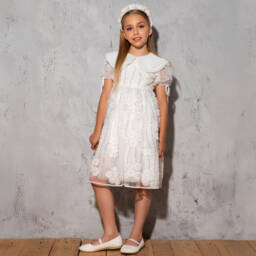 EIRENE-Girls Elegant White Beaded Collar Dress | Childrensalon Outlet
