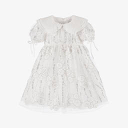 EIRENE-Girls Elegant White Beaded Collar Dress | Childrensalon Outlet