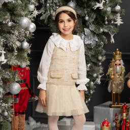 EIRENE-Girls Gold Tweed Tulle Gown | Childrensalon Outlet