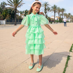 EIRENE-Girls Green Layered Glitter Dress | Childrensalon Outlet