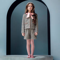 EIRENE-Girls Grey Sparkle Tweed Shorts Set | Childrensalon Outlet