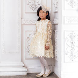 EIRENE-Girls Ivory & Gold Lace Dress | Childrensalon Outlet