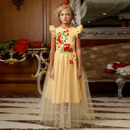 EIRENE-Girls Long Gold Tulle Dress  | Childrensalon Outlet