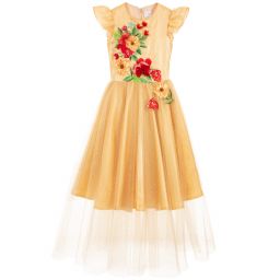EIRENE-Girls Long Gold Tulle Dress  | Childrensalon Outlet