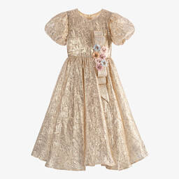 EIRENE-Girls Metallic Gold Bow Dress | Childrensalon Outlet