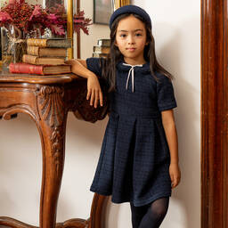 EIRENE-Girls Navy Blue Tweed Dress | Childrensalon Outlet