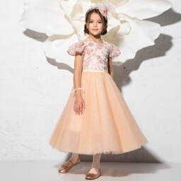 EIRENE-Girls Peach Sequinned Tulle Gown | Childrensalon Outlet