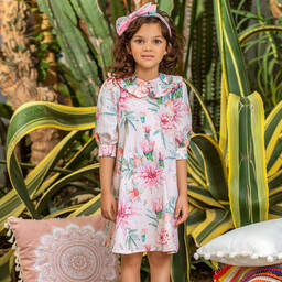 EIRENE-فستان قطن بوبلين لون زهري بطبعة ورود | Childrensalon Outlet