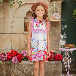 EIRENE-Girls Pink Floral Satin Dress | Childrensalon Outlet