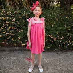 EIRENE-Girls Pink Glittery Bow Dress | Childrensalon Outlet
