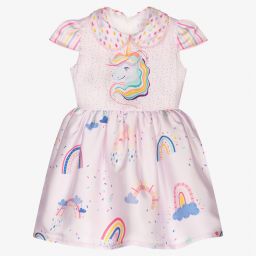 EIRENE-Girls Pink Unicorn Satin Dress | Childrensalon Outlet