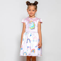 EIRENE-Girls Pink Unicorn Satin Dress | Childrensalon Outlet