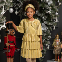 EIRENE-Girls Shimmering Gold Pleated Dress | Childrensalon Outlet