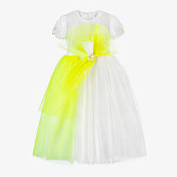 EIRENE-Girls White & Neon Yellow Tulle Dress | Childrensalon Outlet