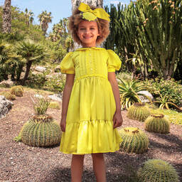EIRENE-Girls Yellow Tiered Satin Dress | Childrensalon Outlet