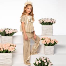 EIRENE-Gold Radiance Plissé Top for Girls | Childrensalon Outlet