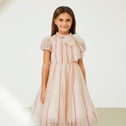 Elie Saab-Girls Embroidered Beige Tulle Gown | Childrensalon Outlet