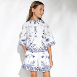 Elie Saab-Girls White Floral Embroidered Cotton Shirt | Childrensalon Outlet