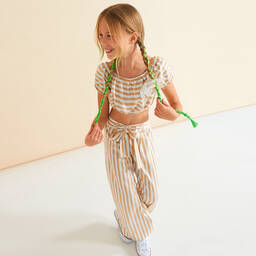 Elsy-توب قصير مزيج فيسكوز مقلم لون بيج وأبيض | Childrensalon Outlet