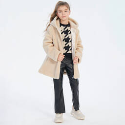 Elsy-Girls Beige Teddy Fleece Hooded Coat | Childrensalon Outlet