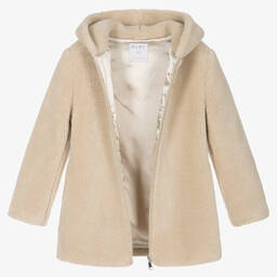 Elsy-Girls Beige Teddy Fleece Hooded Coat | Childrensalon Outlet
