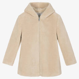 Elsy-Girls Beige Teddy Fleece Hooded Coat | Childrensalon Outlet