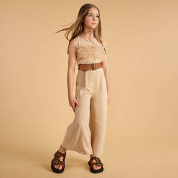 Elsy-Girls Beige Viscose Wide-Leg Jumpsuit | Childrensalon Outlet