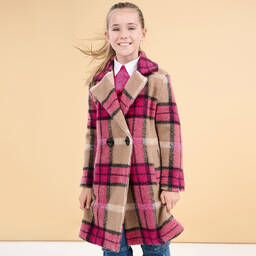 Elsy-Girls Pink & Beige Check Wool Coat | Childrensalon Outlet