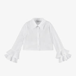 إلسي-بلوزة مزيج قطن بوبلين لون أبيض مزينة بكشكش | Childrensalon Outlet
