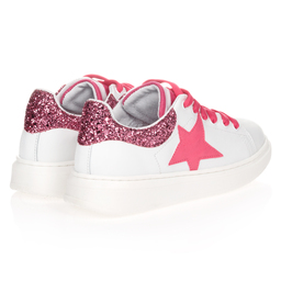Elsy-White & Pink Leather Trainers | Childrensalon Outlet