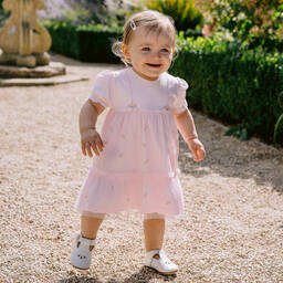 Emile et Rose-فستان قطن جيرسي لون زهري مطرز بورود للمولودات | Childrensalon Outlet