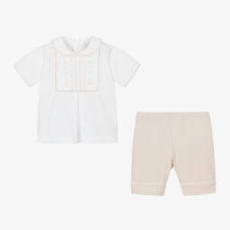 Emile et Rose-Boys Beige & White Summer Shorts Ensemble | Childrensalon Outlet