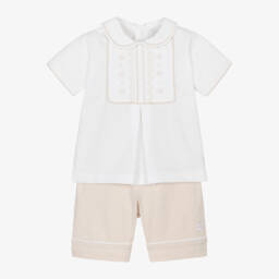 Emile et Rose-Boys Beige & White Summer Shorts Ensemble | Childrensalon Outlet