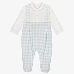 Emile et Rose-Boys Blue Check Cotton Babygrow | Childrensalon Outlet