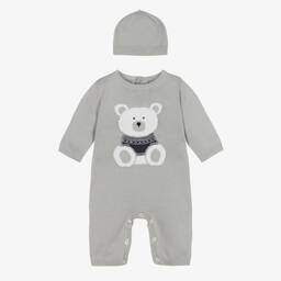 Emile et Rose-Boys Grey Cotton Knit Babysuit & Hat Set | Childrensalon Outlet