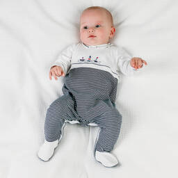 Emile et Rose-Boys Navy Blue Striped Cotton Babygrow  | Childrensalon Outlet
