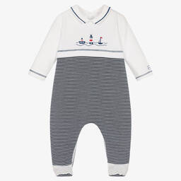 Emile et Rose-Boys Navy Blue Striped Cotton Babygrow  | Childrensalon Outlet