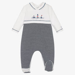 Emile et Rose-Boys Navy Blue Striped Cotton Babygrow  | Childrensalon Outlet