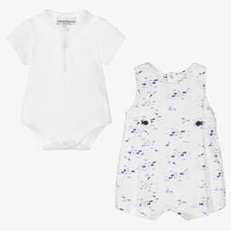 Emporio Armani-Baby Boys White & Blue Fish Shortie Set | Childrensalon Outlet