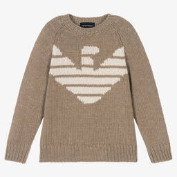 Emporio Armani-Boys Beige Knitted Wool Sweater | Childrensalon Outlet