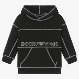 Emporio Armani-Boys Black Cotton Overstitch Hoodie | Childrensalon Outlet