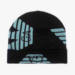 Emporio Armani-Boys Black Wool Knit Eagle Beanie Hat | Childrensalon Outlet